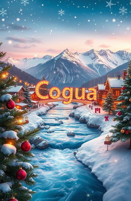 A festive Christmas background featuring iconic tourist sites including picturesque rivers flowing gracefully through snowy landscapes, majestic mountains covered in snow, and the vibrant word 'Cogua' artistically integrated into the scene