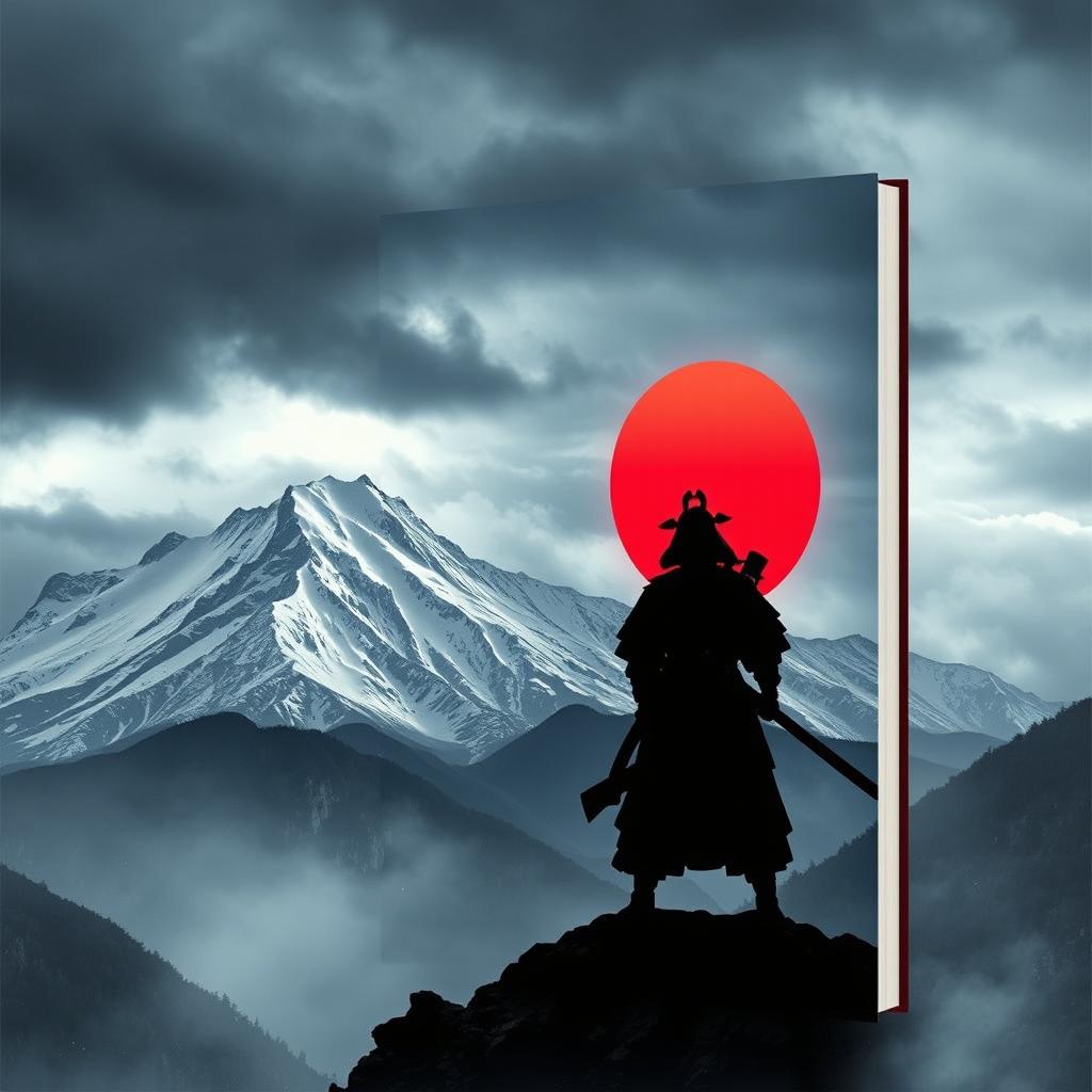 A captivating digital book cover featuring the majestic mountains of eastern Japan with snowy peaks under a moody, atmospheric sky