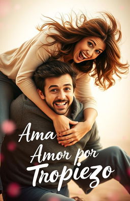 A woman falling onto a man in a playful manner, surrounded by a romantic atmosphere filled with soft colors and light, with the text 'Amor por Tropiezo' artistically integrated into the image
