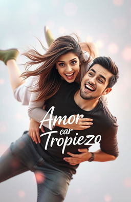 A woman falling onto a man in a playful manner, surrounded by a romantic atmosphere filled with soft colors and light, with the text 'Amor por Tropiezo' artistically integrated into the image