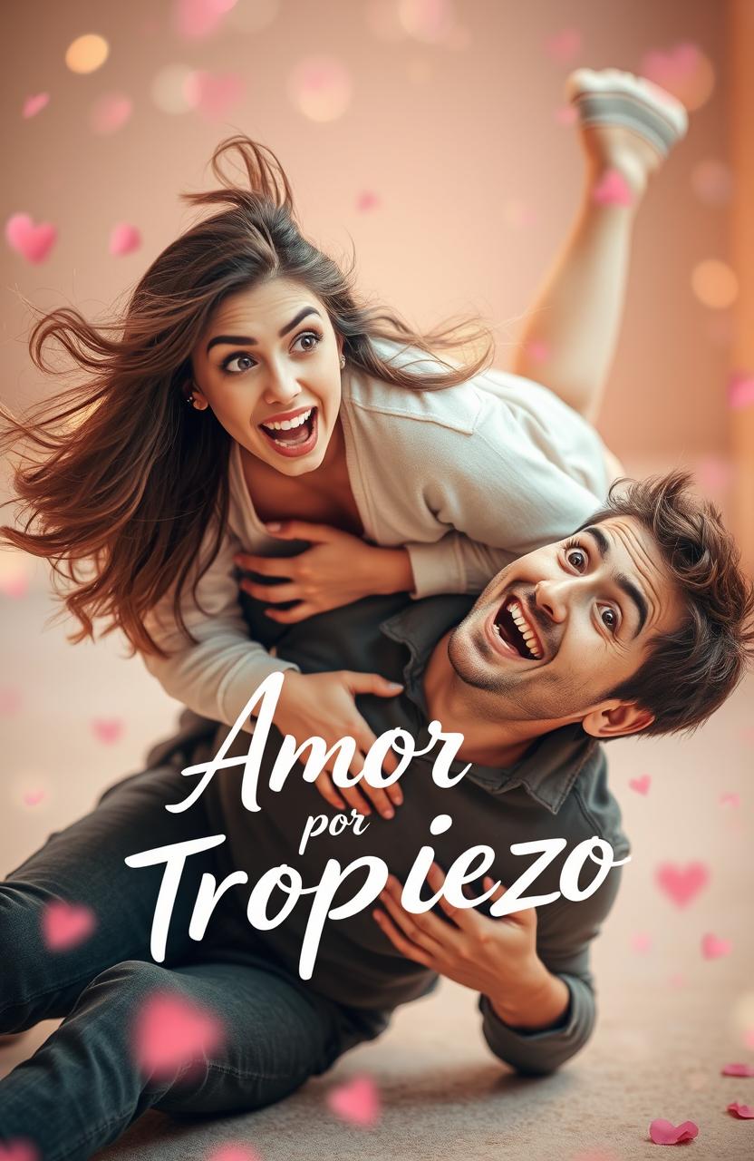 A woman falling onto a man in a playful manner, surrounded by a romantic atmosphere filled with soft colors and light, with the text 'Amor por Tropiezo' artistically integrated into the image