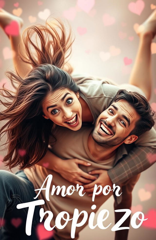 A woman falling onto a man in a playful manner, surrounded by a romantic atmosphere filled with soft colors and light, with the text 'Amor por Tropiezo' artistically integrated into the image