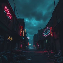 A dark, urban setting under a moody sky