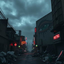 A dark, urban setting under a moody sky