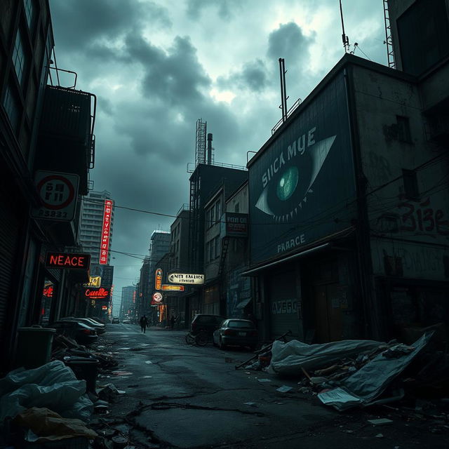 A dark, urban setting under a moody sky