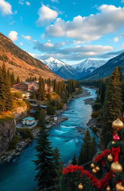 A stunning tourist landscape showcasing vibrant rivers, majestic mountains, and beautiful páramos, all adorned with festive Christmas decorations