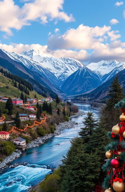 A stunning tourist landscape showcasing vibrant rivers, majestic mountains, and beautiful páramos, all adorned with festive Christmas decorations