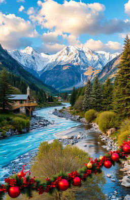 A stunning tourist landscape showcasing vibrant rivers, majestic mountains, and beautiful páramos, all adorned with festive Christmas decorations