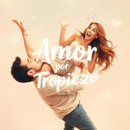 A woman playfully falling onto a man in a lighthearted and romantic scene, with expressions of surprise and joy on their faces