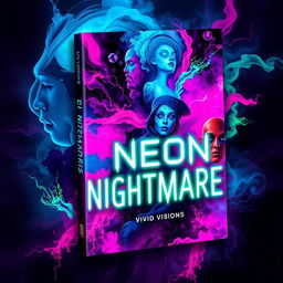 A striking book cover design for 'Neon Nightmares' by Vivid Visions, featuring psychological horror themes