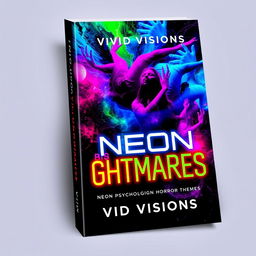 A striking book cover design for 'Neon Nightmares' by Vivid Visions, featuring psychological horror themes