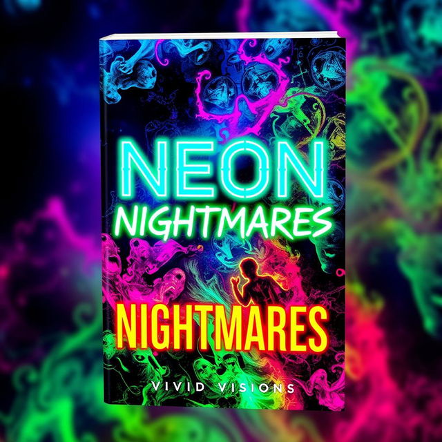 A striking book cover design for 'Neon Nightmares' by Vivid Visions, featuring psychological horror themes