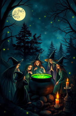 A mystical and enchanting scene depicting a night filled with witches performing magical rituals under a full moon