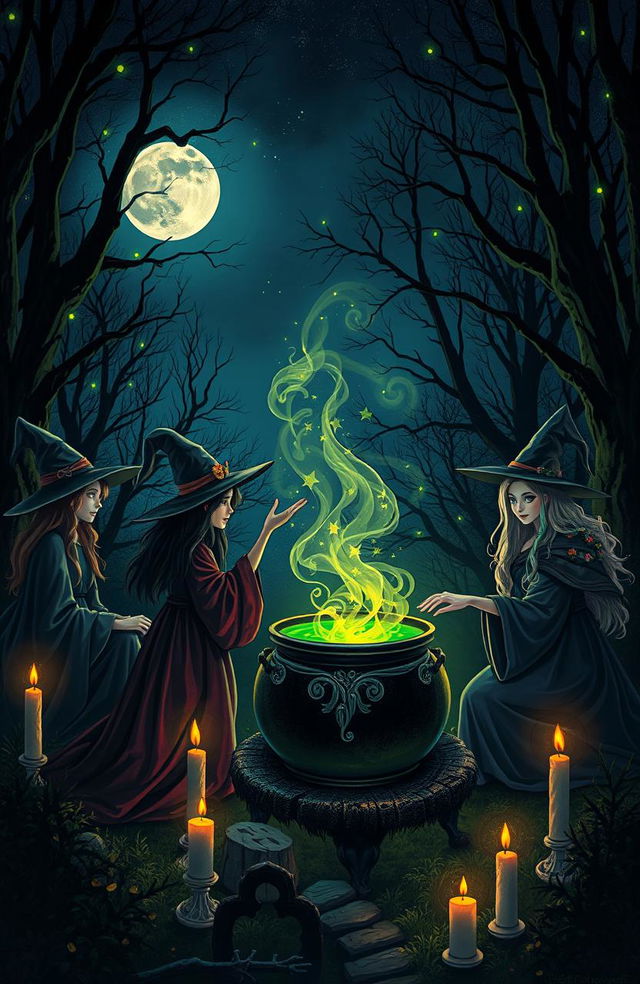 A mystical and enchanting scene depicting a night filled with witches performing magical rituals under a full moon