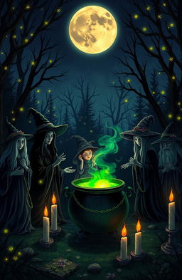 A mystical and enchanting scene depicting a night filled with witches performing magical rituals under a full moon