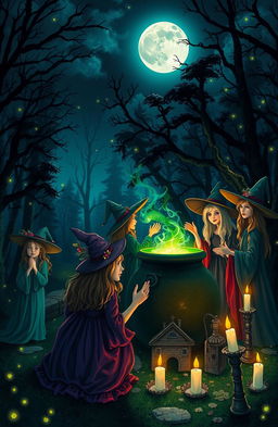 A mystical and enchanting scene depicting a night filled with witches performing magical rituals under a full moon