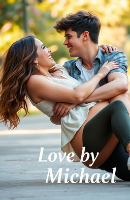 A young woman falls onto a young man in a playful and romantic manner, capturing the essence of love through an unexpected stumble
