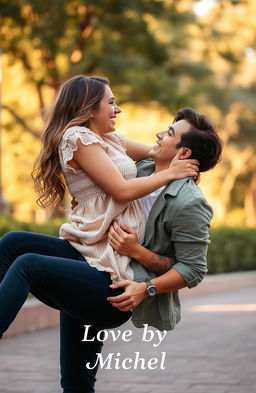 A young woman falls onto a young man in a playful and romantic manner, capturing the essence of love through an unexpected stumble