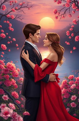 A romantic scene depicting two lovers embracing each other in a picturesque setting, surrounded by blooming flowers and a softly glowing sunset