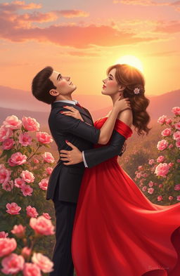A romantic scene depicting two lovers embracing each other in a picturesque setting, surrounded by blooming flowers and a softly glowing sunset