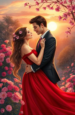 A romantic scene depicting two lovers embracing each other in a picturesque setting, surrounded by blooming flowers and a softly glowing sunset