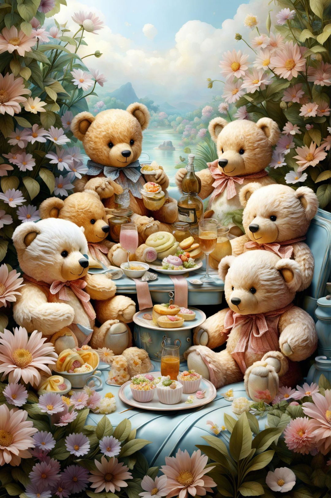 A digital art piece featuring a teddy bear picnic set in a lush garden