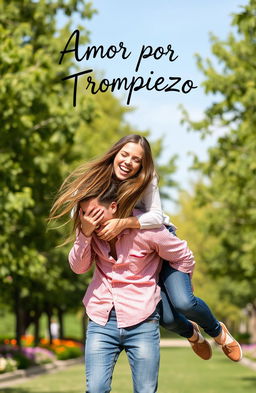 A young woman playfully falls onto a young man, both of them laughing in a light-hearted, romantic scene