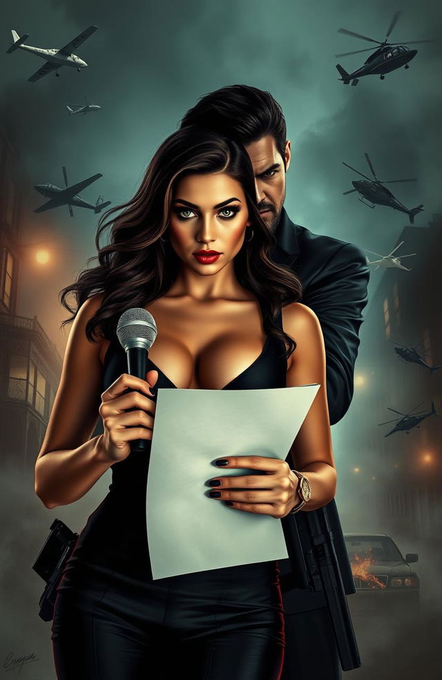 A captivating love story scene between Electra Berylla, an alluring and glamorous news anchor at a crime news television station, and Jax Petronas, a charismatic yet ruthless mafia group leader