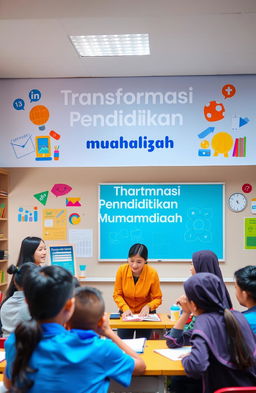 A creative and engaging educational transformation concept for Muhammadiyah, featuring an inspiring scene with teachers and students collaborating in a vibrant classroom setting