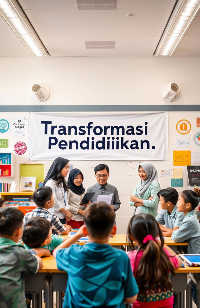 A creative and engaging educational transformation concept for Muhammadiyah, featuring an inspiring scene with teachers and students collaborating in a vibrant classroom setting