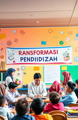 A creative and engaging educational transformation concept for Muhammadiyah, featuring an inspiring scene with teachers and students collaborating in a vibrant classroom setting