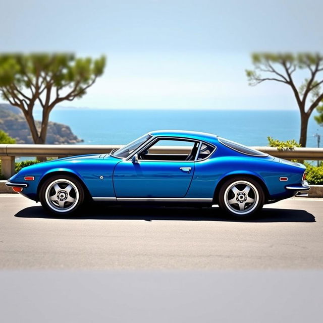 A stunningly restored Puma GTB sports car in a vibrant blue color, showcasing its sleek curves and aerodynamic design