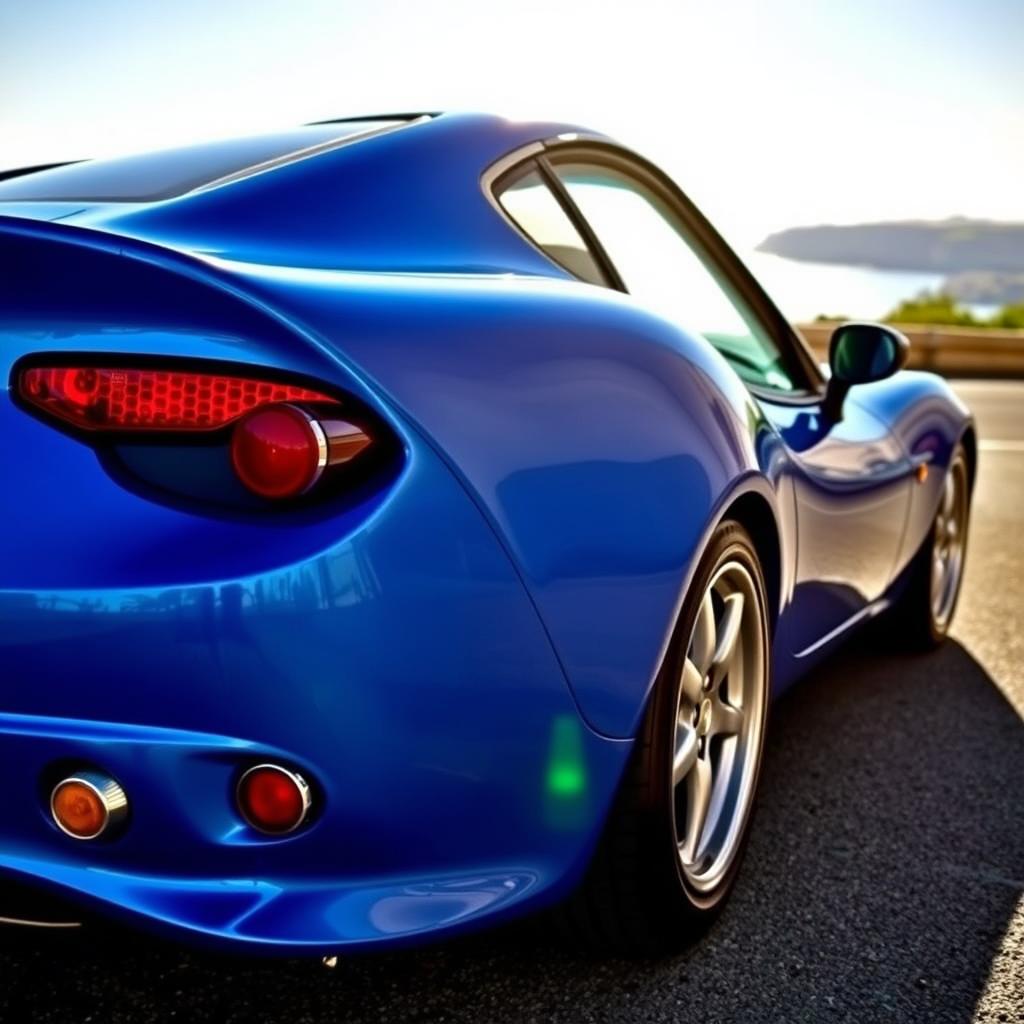 A stunningly restored Puma GTB sports car in a vibrant blue color, showcasing its sleek curves and aerodynamic design