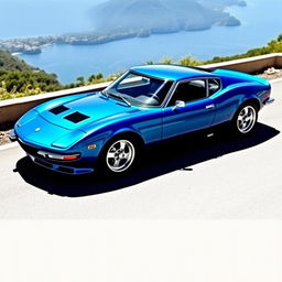 A stunningly restored Puma GTB sports car in a vibrant blue color, showcasing its sleek curves and aerodynamic design