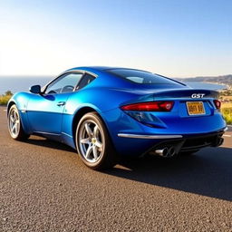 A stunningly restored Puma GTB sports car in a vibrant blue color, showcasing its sleek curves and aerodynamic design