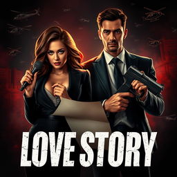 A compelling love story visual featuring Electra Berylla, a stunning and glamorous news anchor known for her crime news segment, and Jax Petronas, a dashing yet ruthless mafia leader