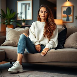 A stylish young woman in a trendy outfit, sitting comfortably on a modern sofa