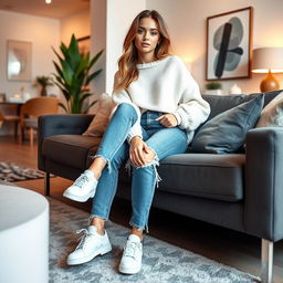 A stylish young woman in a trendy outfit, sitting comfortably on a modern sofa