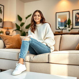 A stylish young woman in a trendy outfit, sitting comfortably on a modern sofa