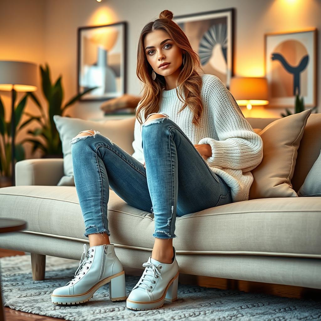 A stylish young woman in a trendy outfit, sitting comfortably on a modern sofa