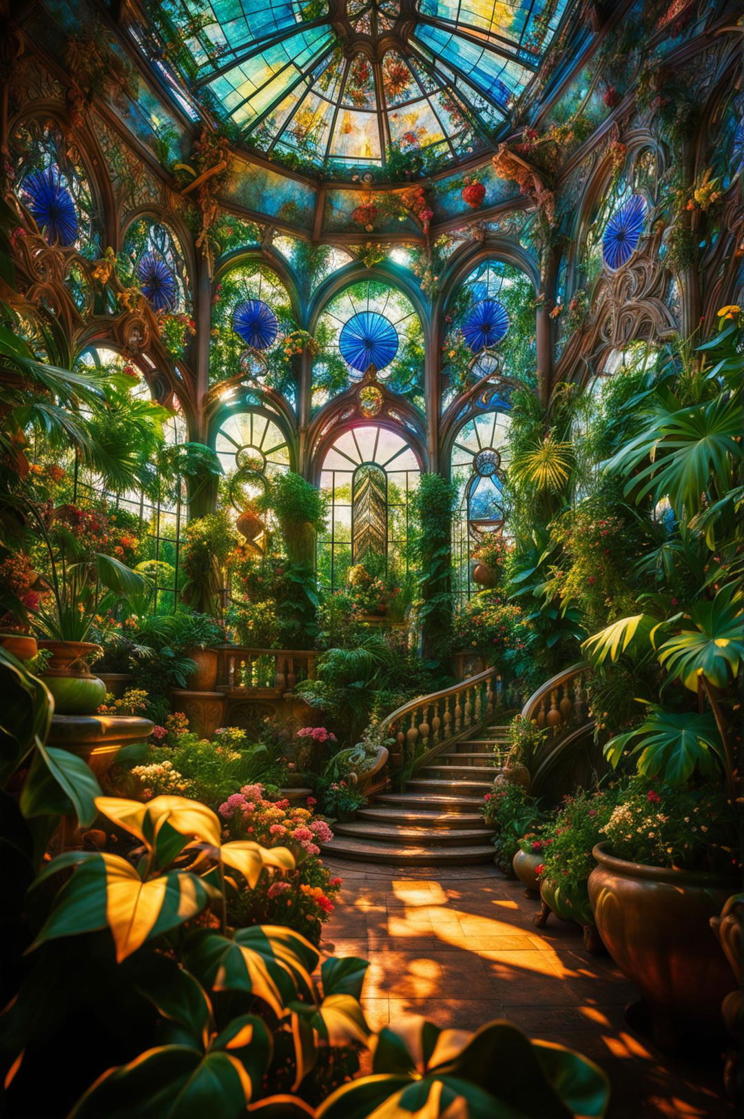 A high-definition cinematic photograph of a Rococo style greenhouse with stained glass panels