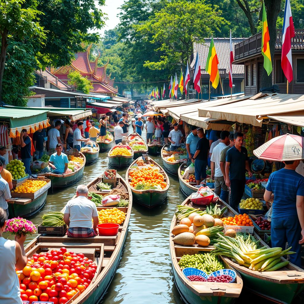 A vibrant floating market in Bangkok, filled with colorful boats overflowing with fresh fruits, vegetables, and flowers