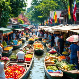 A vibrant floating market in Bangkok, filled with colorful boats overflowing with fresh fruits, vegetables, and flowers