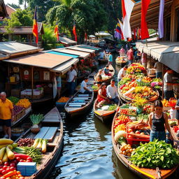A vibrant floating market in Bangkok, filled with colorful boats overflowing with fresh fruits, vegetables, and flowers