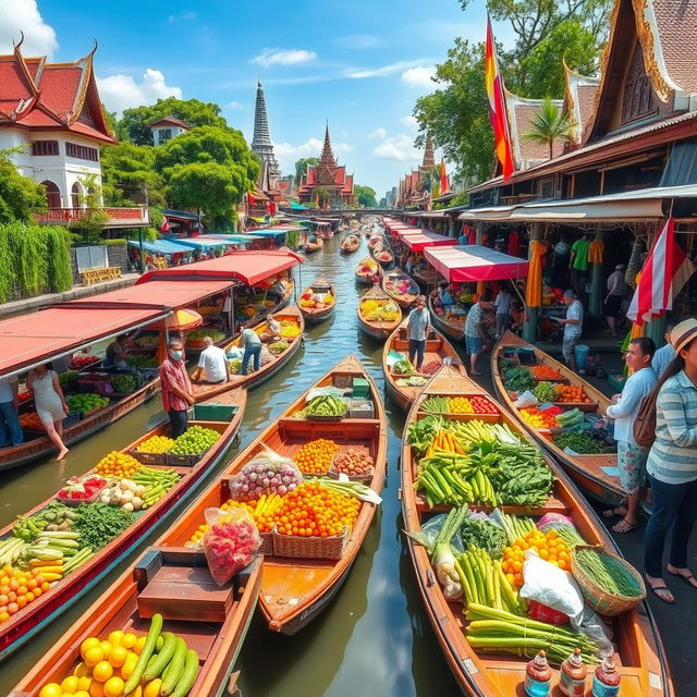 A vibrant floating market in Bangkok, filled with colorful boats overflowing with fresh fruits, vegetables, and flowers