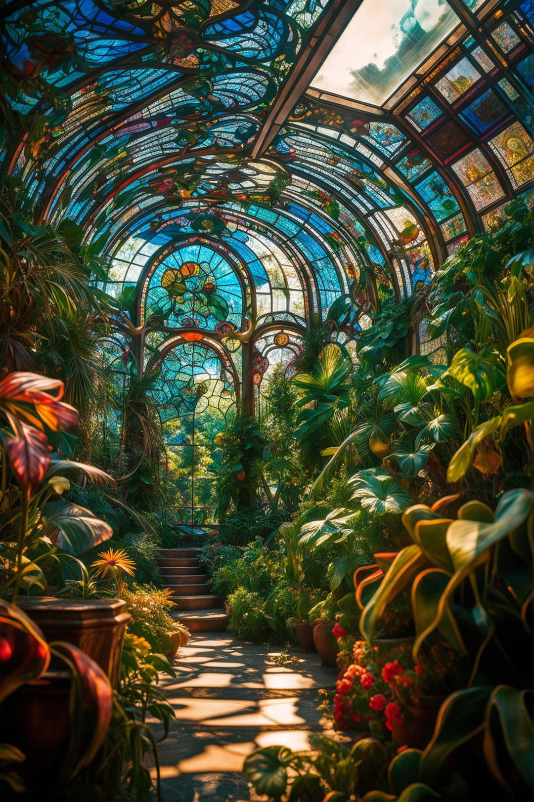 A high-definition, cinematic photograph taken with a Nikon camera, featuring a Rococo style greenhouse with stained glass panels, situated in a lush garden under a brilliant sky