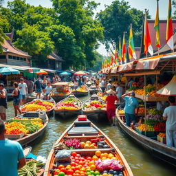 A vibrant floating market in Bangkok, filled with colorful boats overflowing with fresh fruits, vegetables, and flowers