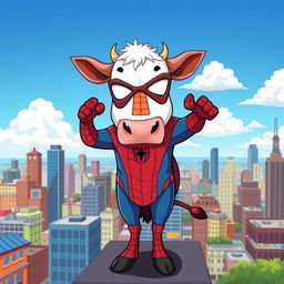 A whimsical and humorous illustration of a cow dressed as Spider-Man, complete with a red and blue suit, spider-web patterns, and a mask covering its eyes