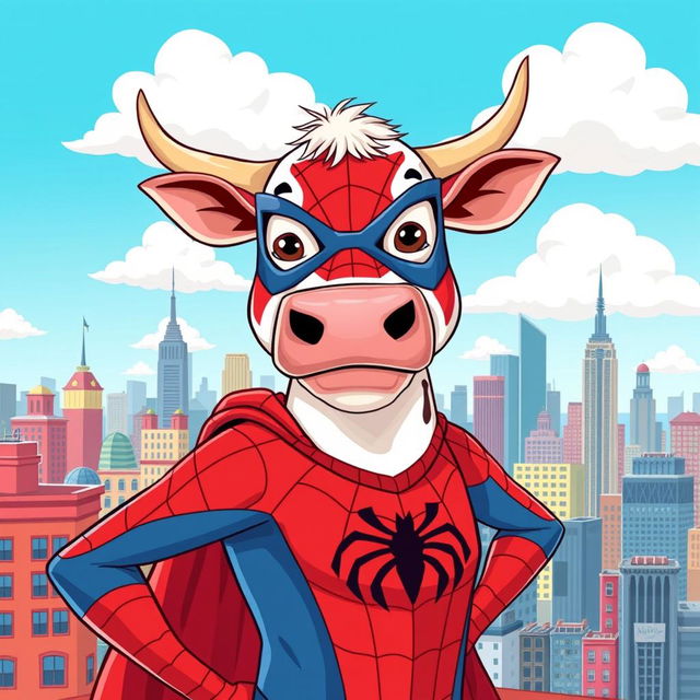 A whimsical and humorous illustration of a cow dressed as Spider-Man, complete with a red and blue suit, spider-web patterns, and a mask covering its eyes