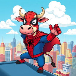A whimsical and humorous illustration of a cow dressed as Spider-Man, complete with a red and blue suit, spider-web patterns, and a mask covering its eyes